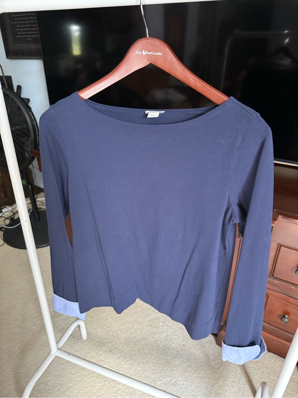 J. Crew Navy Long-Sleeve Boatneck Top with Cuffed Sleeves